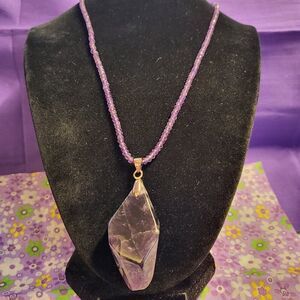 Natural Polished Amethyst Pendant on Amethyst Beaded Necklace
